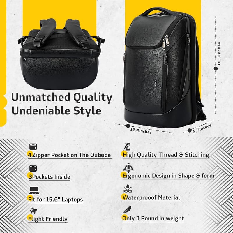 Premium Leather Laptop Backpack with USB Port - Water-Resistant, 15.6 Inch