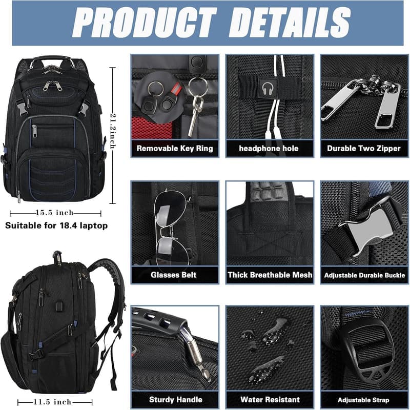 Extra Large Laptop Backpack with USB Port - 60L, RFID Protection, Blue