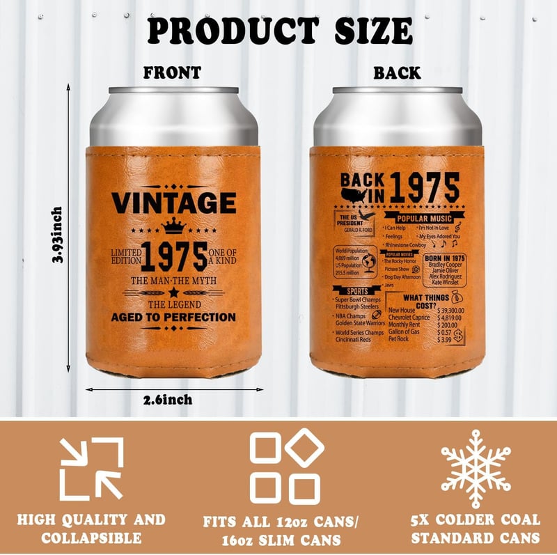 50th Birthday Vintage Leather Can Cooler for Him