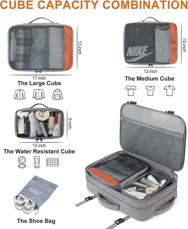 40L Expandable Travel Backpack with Packing Cubes - Grey