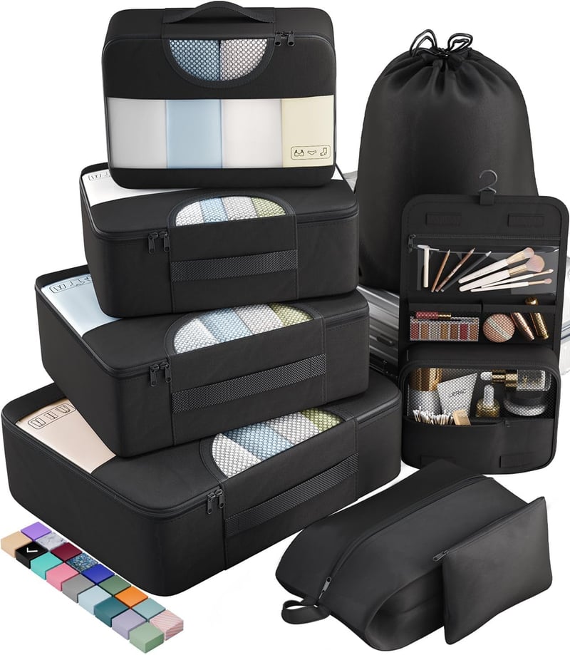 Travel Packing Cubes Set - 8 Organizers in Black, 4 Sizes