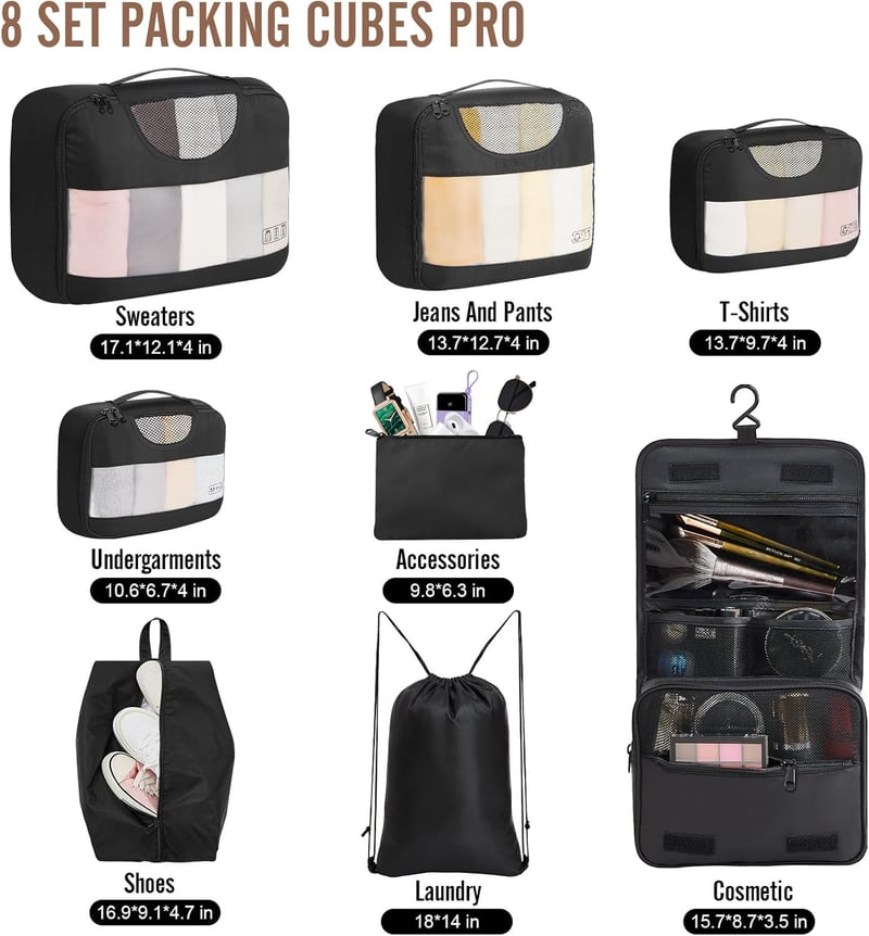 Travel Packing Cubes Set - 8 Organizers in Black, 4 Sizes