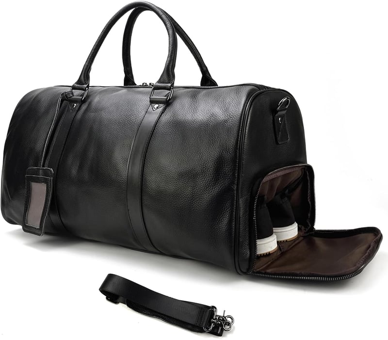Large Capacity Leather Travel Duffel Bag with Shoe Compartment