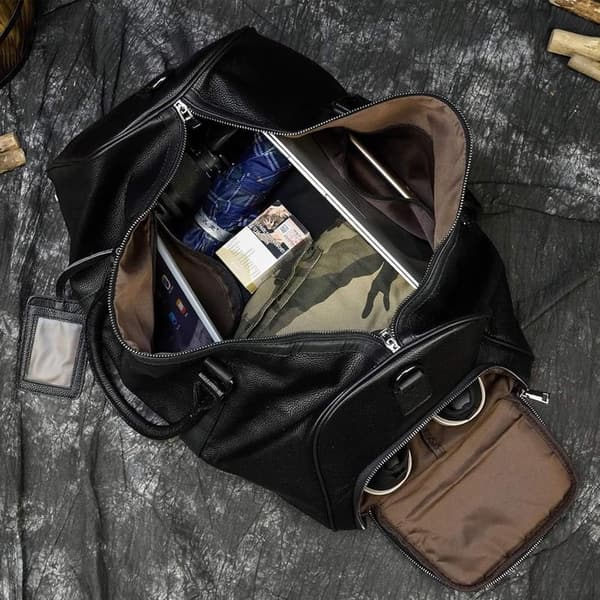 Large Capacity Leather Travel Duffel Bag with Shoe Compartment