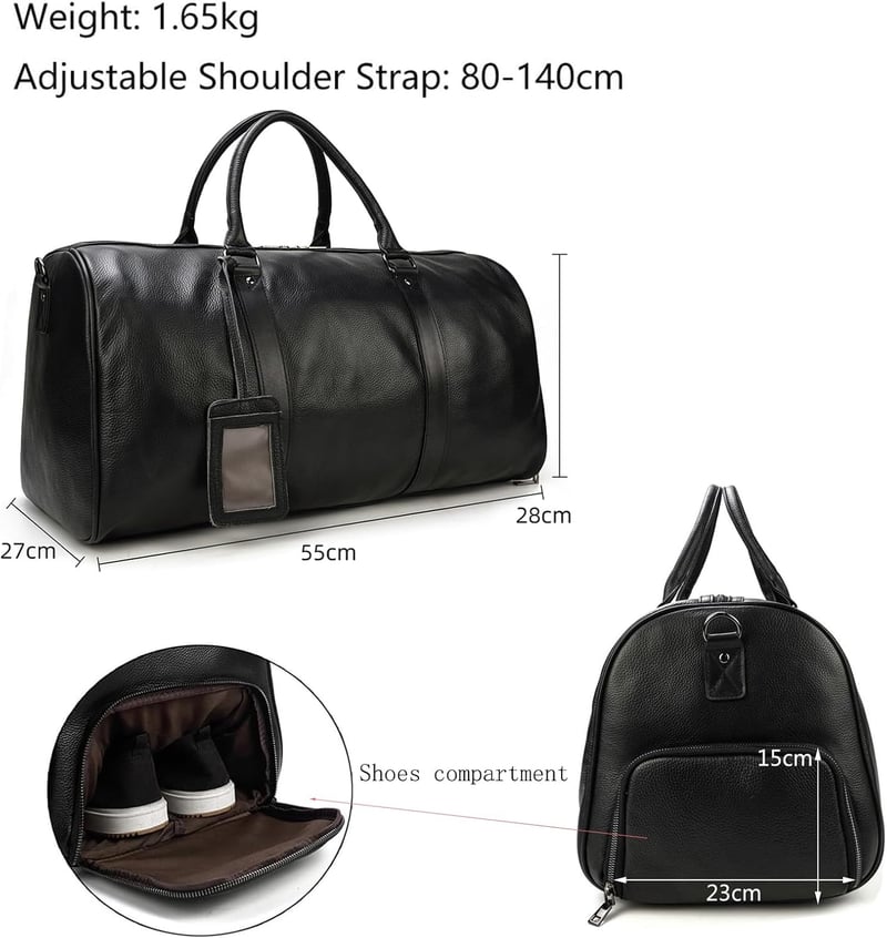 Large Capacity Leather Travel Duffel Bag with Shoe Compartment