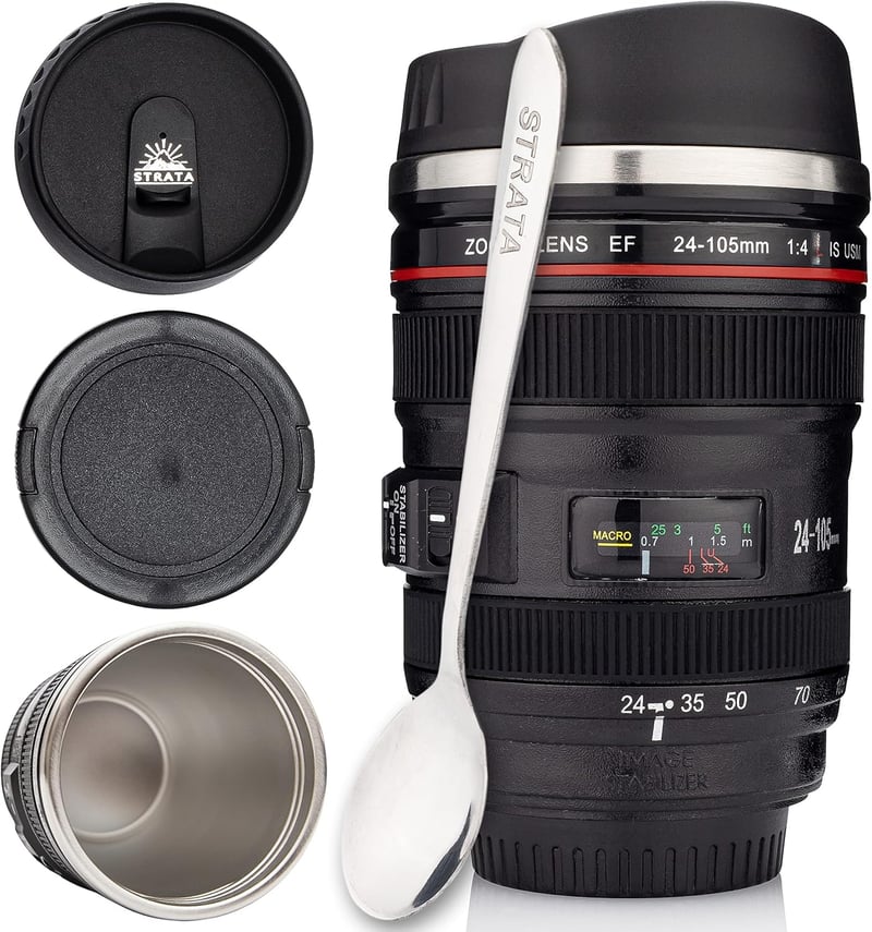 Camera Lens Coffee Mug - 13.5oz with 2 Lids & Spoon