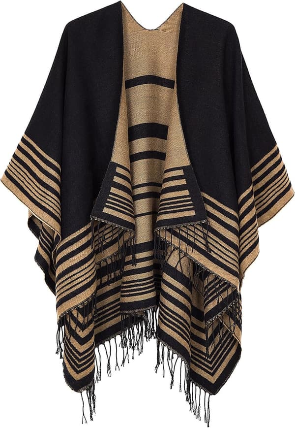 Women's Printed Tassel Open Front Poncho Cape