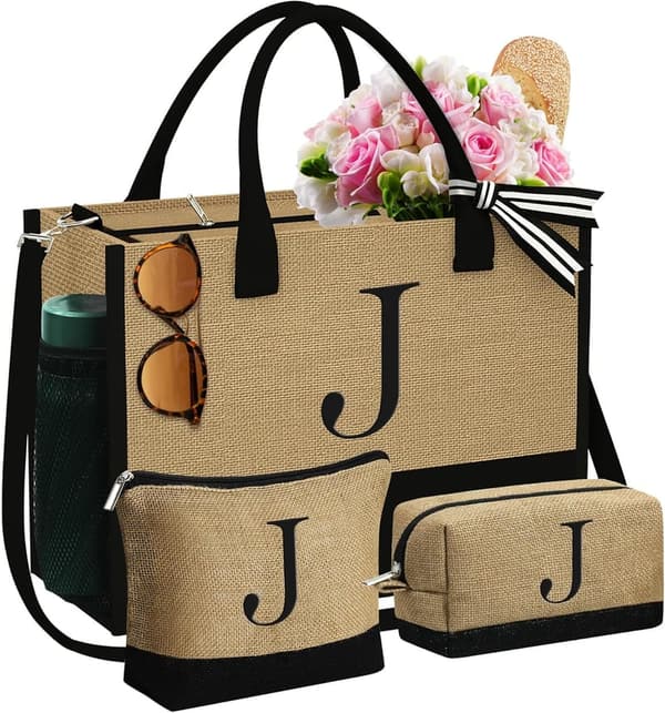 Personalized Initial Jute Tote & Makeup Bags for Her Birthday