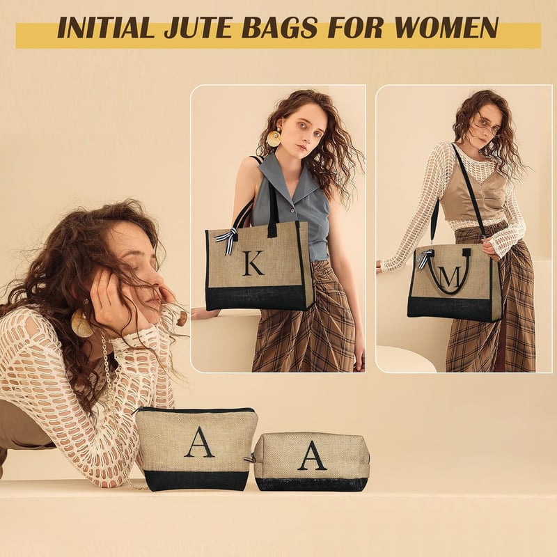 Personalized Initial Jute Tote & Makeup Bags for Her Birthday