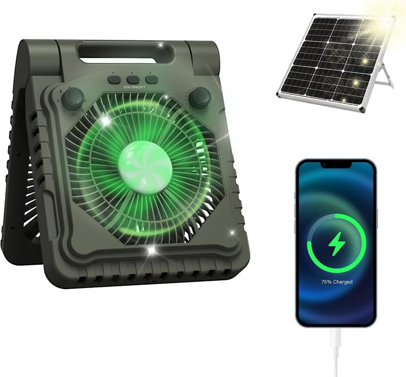 Triple-Power Solar Camping Fan with LED Lantern & Power Bank