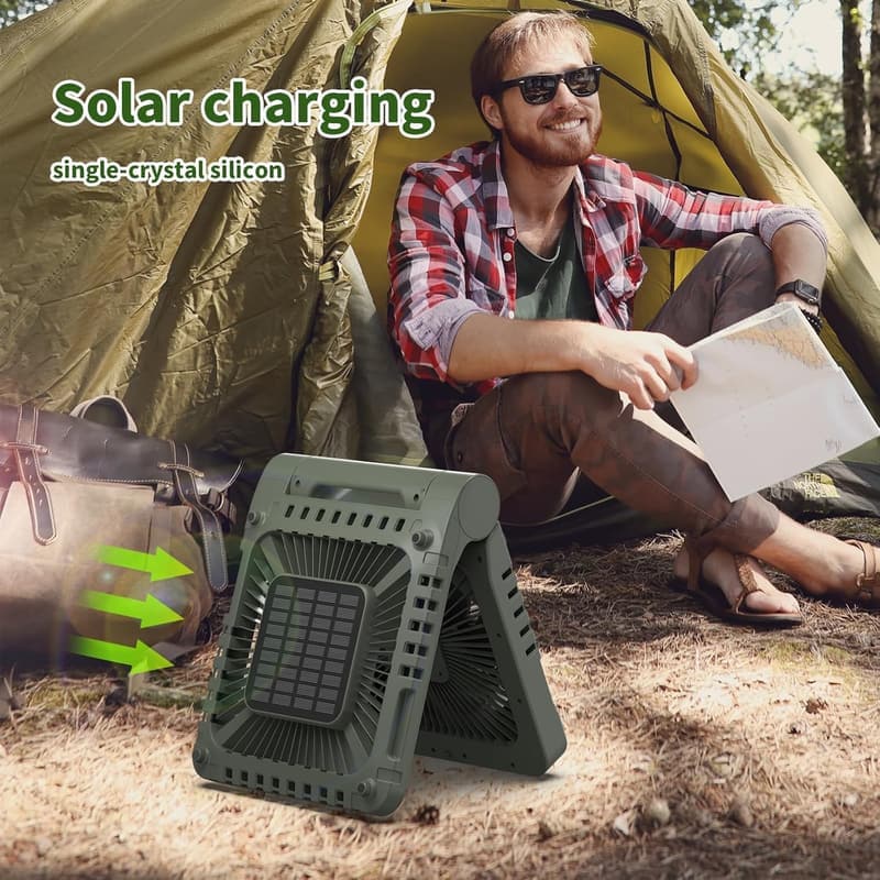 Triple-Power Solar Camping Fan with LED Lantern & Power Bank