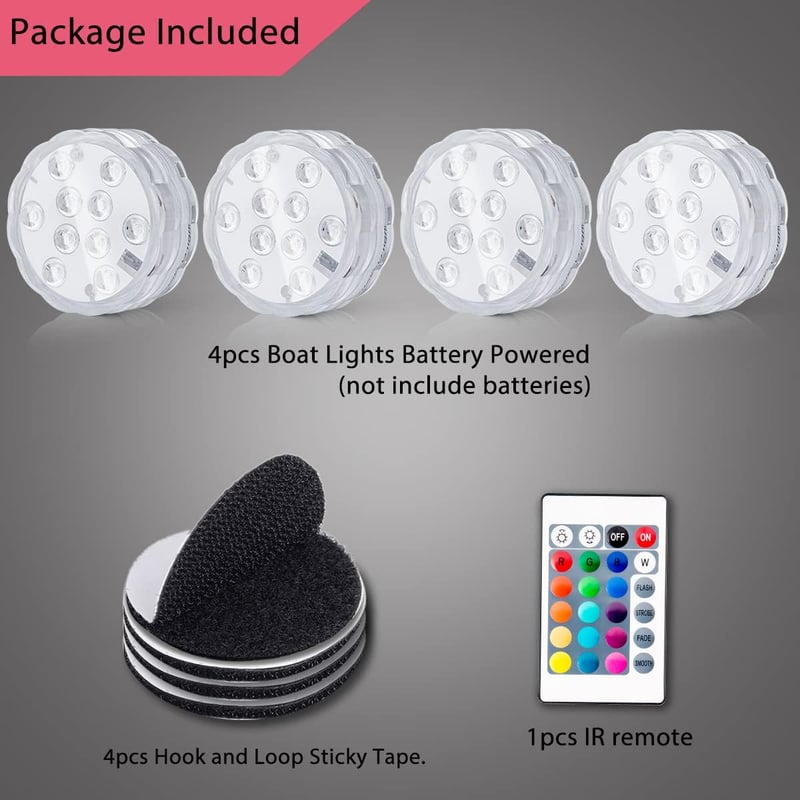 Wireless LED Boat Lights, Battery-Powered with Remote Control, 4PCS