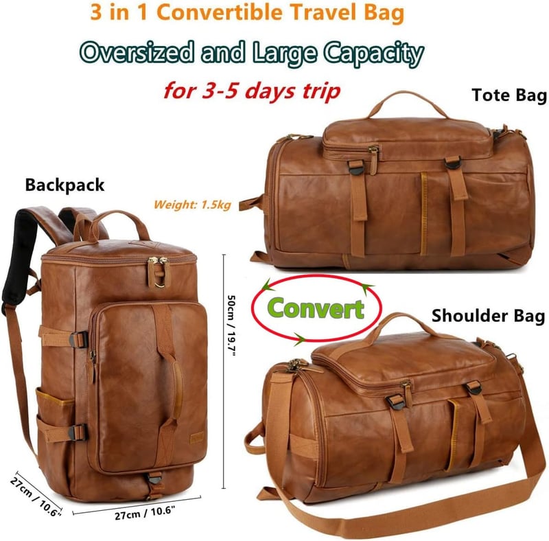 Brown Vegan Leather Men's Convertible Weekender Duffel Bag