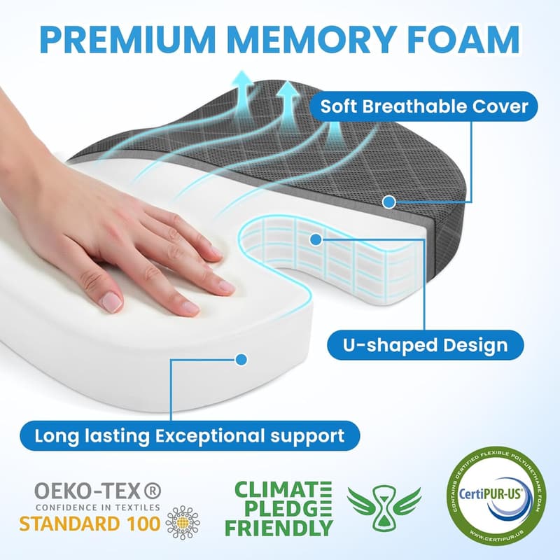 Memory Foam Seat Cushion for Pain Relief - Office & Travel