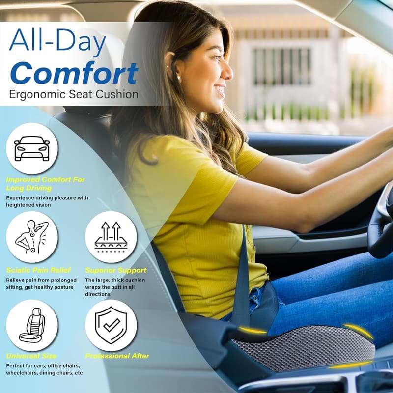 Ergonomic Memory Foam Car Seat Cushion for Sciatica Relief