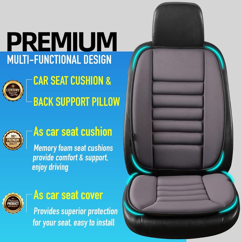 Memory Foam Car Seat Cushion with Back Support - Dark Grey