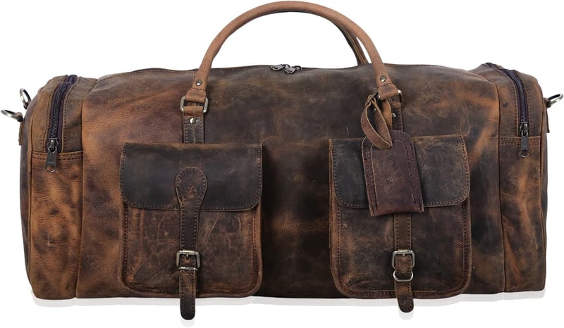 Weekend Leather Duffel Bag - 28-inch Travel Holdall (Distressed Brown)