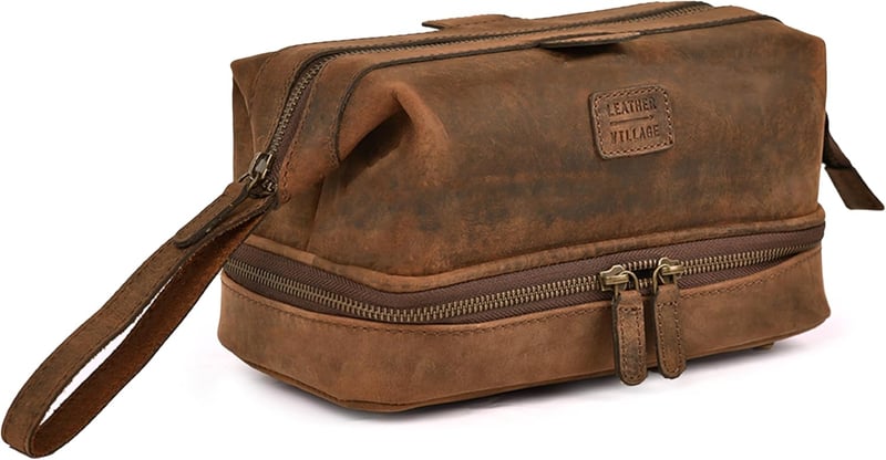Large Genuine Leather Dopp Kit for Travel Essentials - Brown