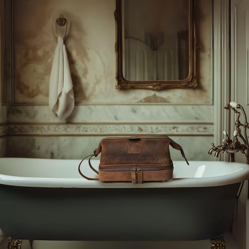 Large Genuine Leather Dopp Kit for Travel Essentials - Brown