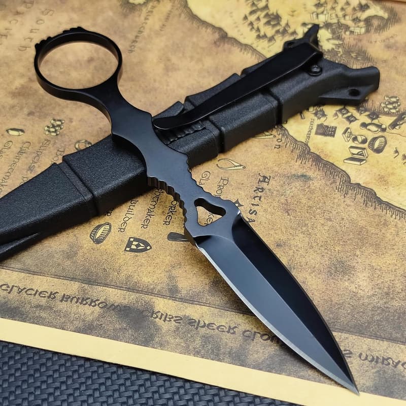 Tactical Fixed Blade Knife with Black Handle and Sheath