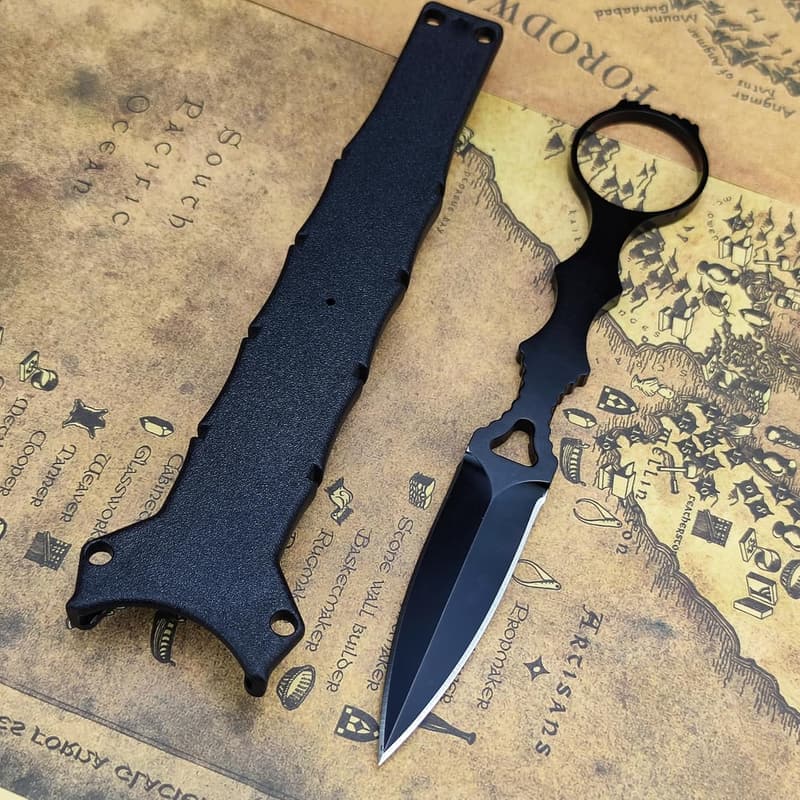 Tactical Fixed Blade Knife with Black Handle and Sheath