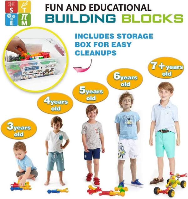 STEM Building Blocks Set for Kids, 125 Pieces, Ideal Birthday Gift