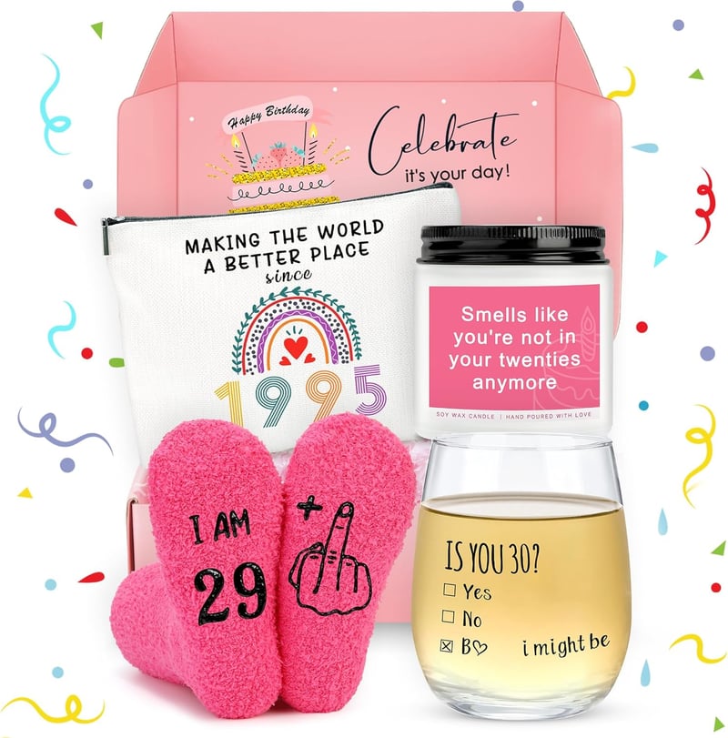 30th Birthday Gift Set for Women – Wine Glass, Makeup Bag, Candle, Socks