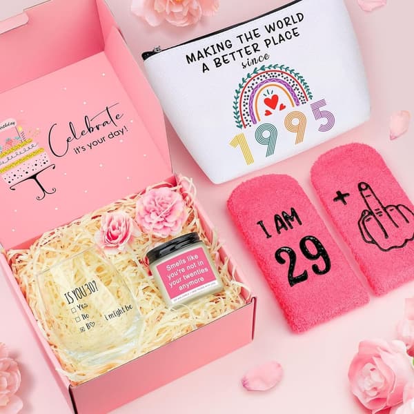 30th Birthday Gift Set for Women – Wine Glass, Makeup Bag, Candle, Socks