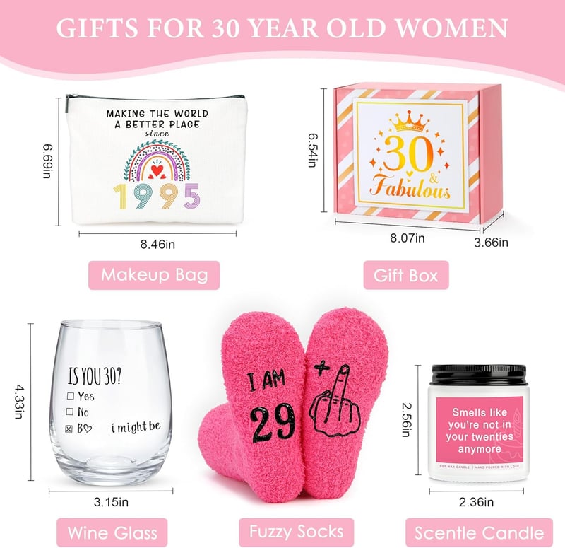 30th Birthday Gift Set for Women – Wine Glass, Makeup Bag, Candle, Socks