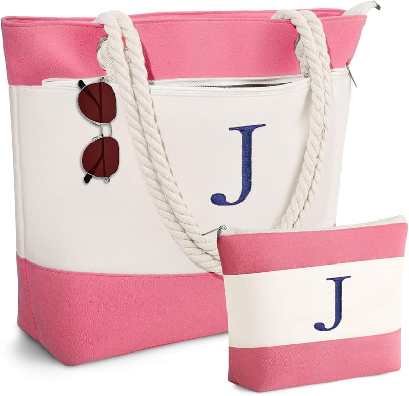 Initial Canvas Tote Beach Bag with Makeup Pouch for Women