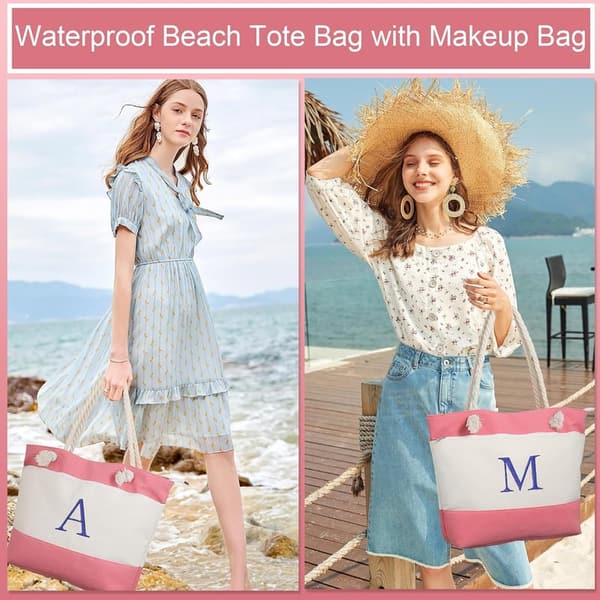 Initial Canvas Tote Beach Bag with Makeup Pouch for Women