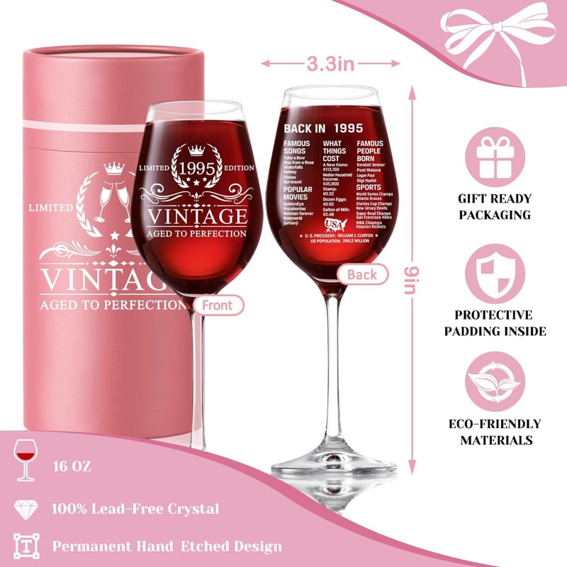 1995 Vintage 18 oz Stemmed Wine Glass for 30th Birthday