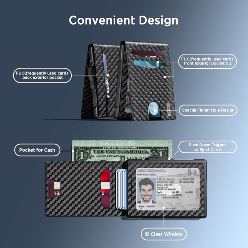 Men's Slim RFID Blocking Wallet - Carbon Fiber & Leather, Pop-Up Design