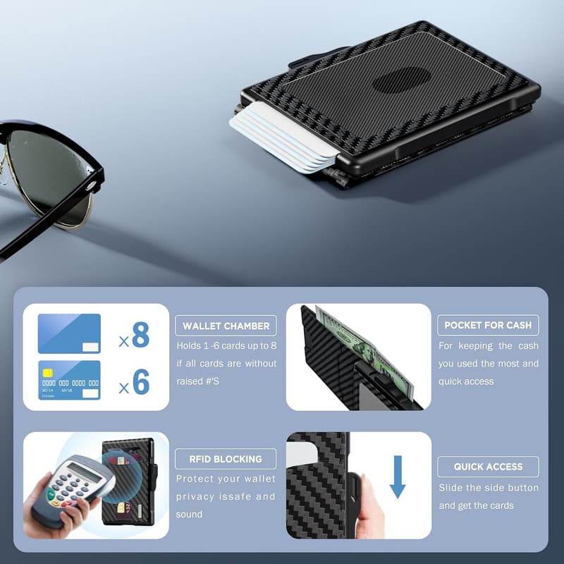 Men's Slim RFID Blocking Wallet - Carbon Fiber & Leather, Pop-Up Design
