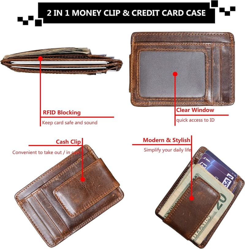 Leather Slim RFID Money Clip Wallet for Men