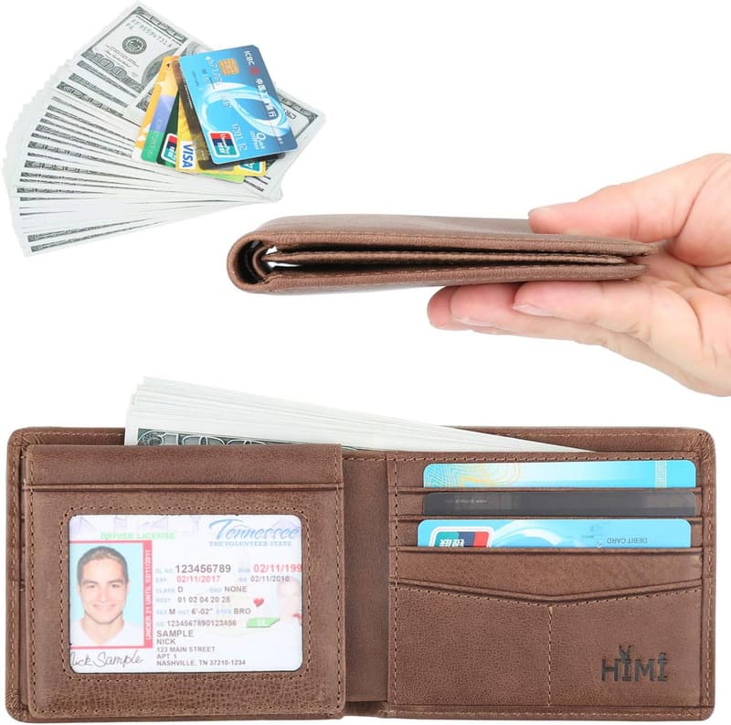 Men's Genuine Leather RFID Bifold Wallet with 2 ID Windows