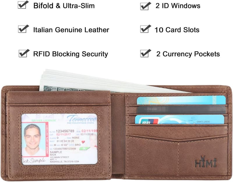 Men's Genuine Leather RFID Bifold Wallet with 2 ID Windows
