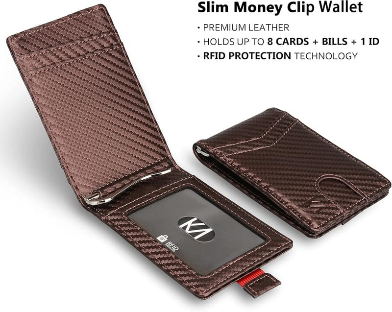 Men's RFID Blocking Leather Money Clip Wallet - Slim Bifold Design