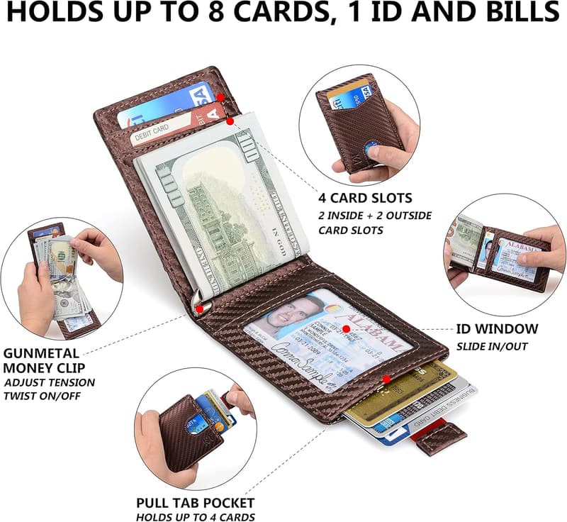 Men's RFID Blocking Leather Money Clip Wallet - Slim Bifold Design