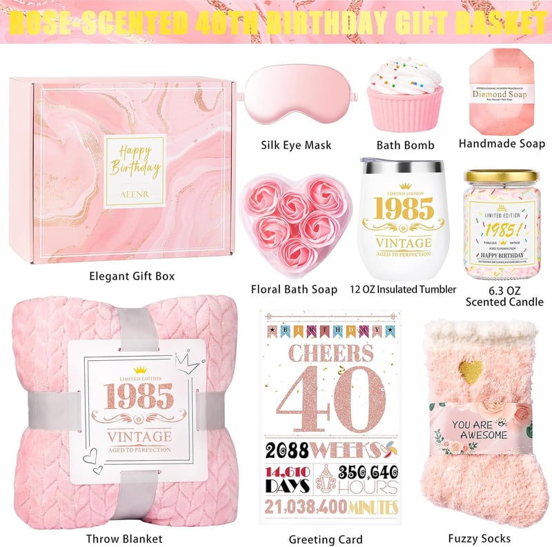 40th Birthday Spa Gift Basket with Blanket for Women