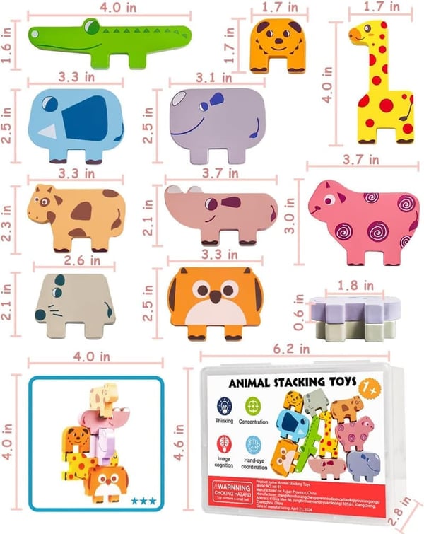 Wooden Animal Blocks for Toddlers, Educational Sorting & Stacking Toys