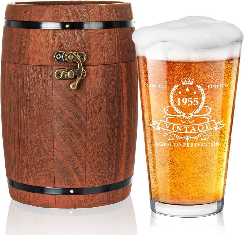 70th Birthday Beer Glass in Barrel Box for Men