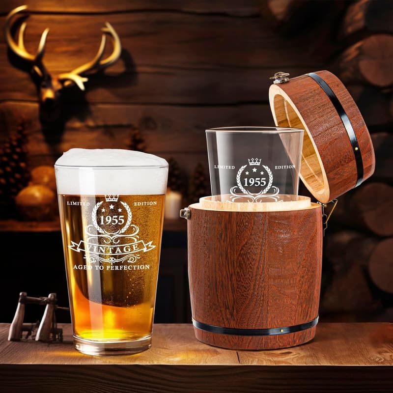 70th Birthday Beer Glass in Barrel Box for Men