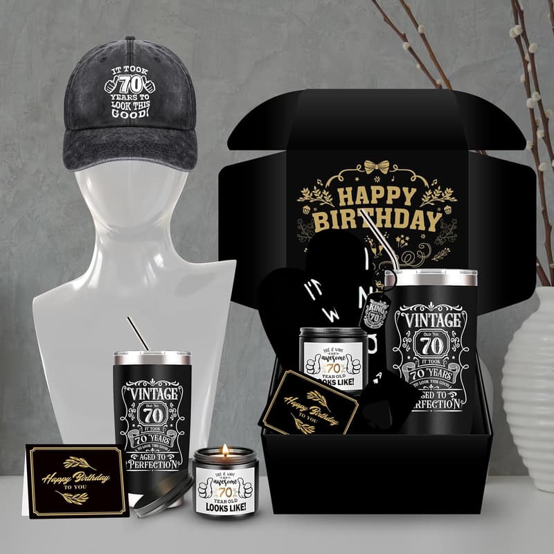 70th Birthday Gift Box for Men - Tumbler, Candle, Cap & Socks