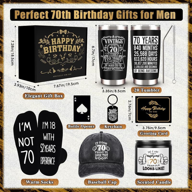 70th Birthday Gift Box for Men - Tumbler, Candle, Cap & Socks