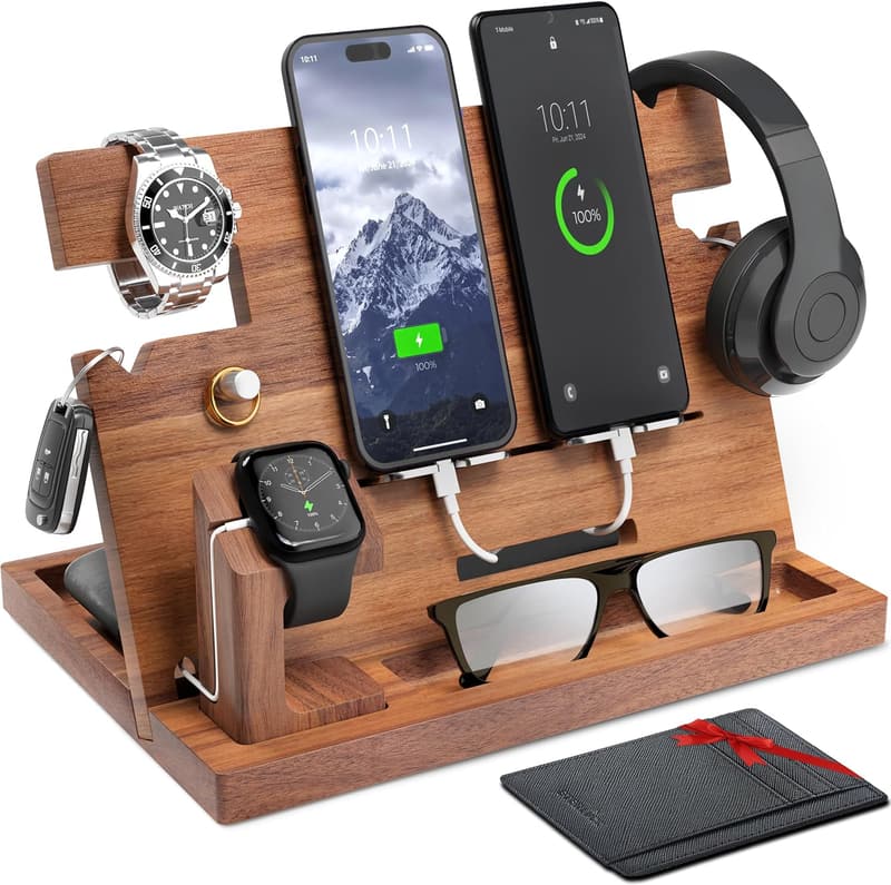Walnut Charging Station & Organizer with RFID Wallet for Men