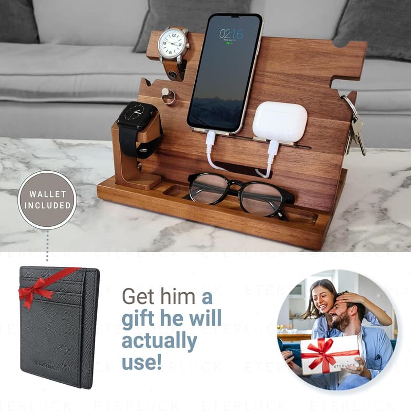 Walnut Charging Station & Organizer with RFID Wallet for Men