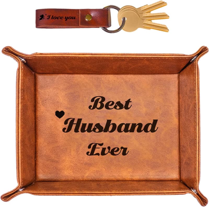 Unique PU Leather Valet Tray & Keychain Set for Husband