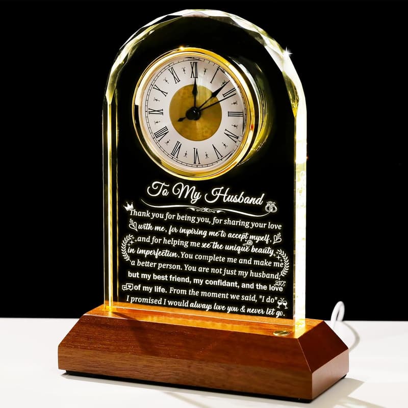Personalized Glass Clock with Wooden Base for Husband's Birthday