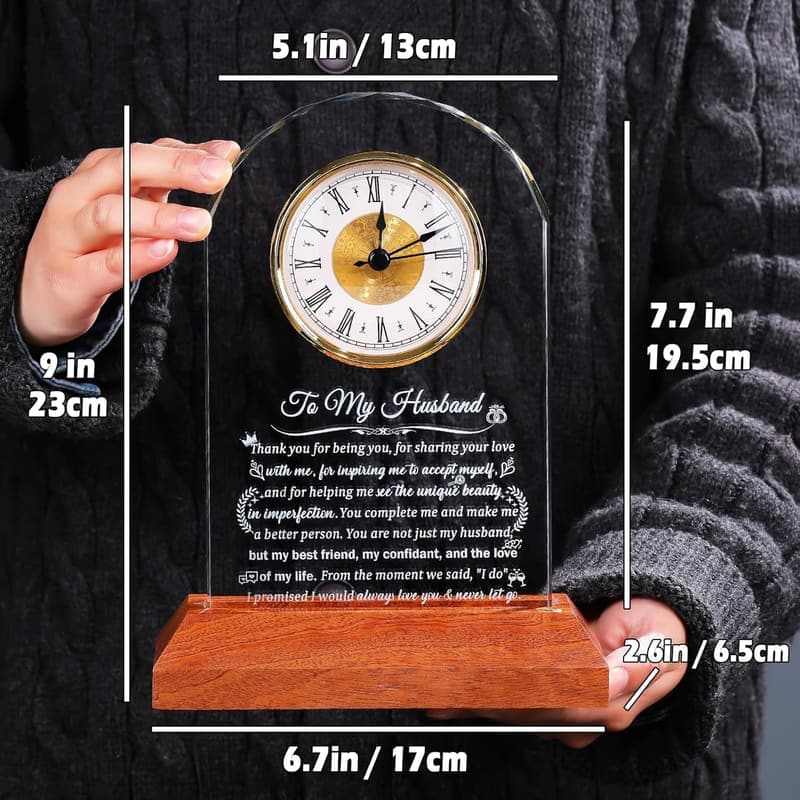 Personalized Glass Clock with Wooden Base for Husband's Birthday